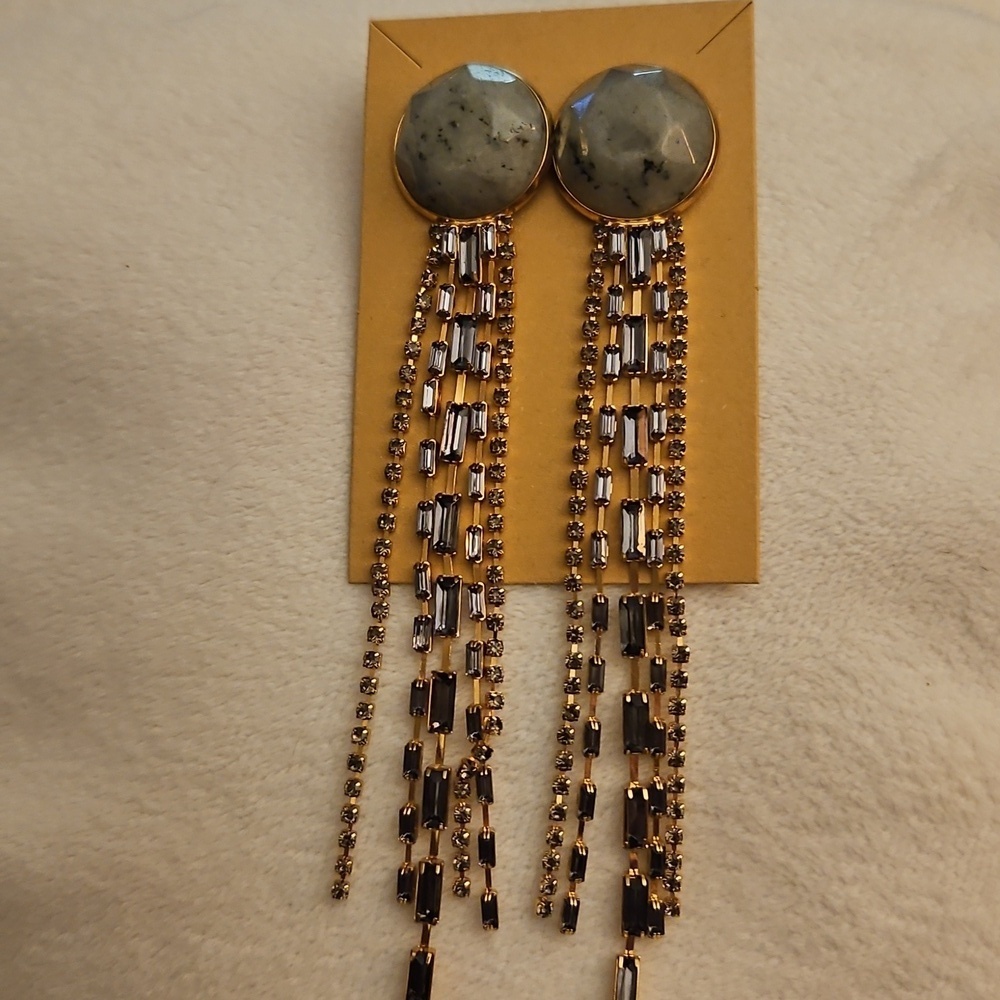 3/$30 Acrylic Stone Goldtone Fringe Festival Dangle Post Earrings - Picture 2 of 5